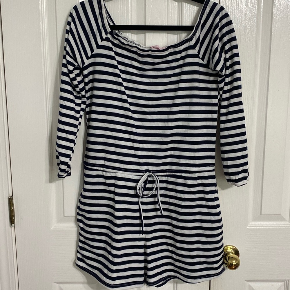 Navy and white striped boatneck romper